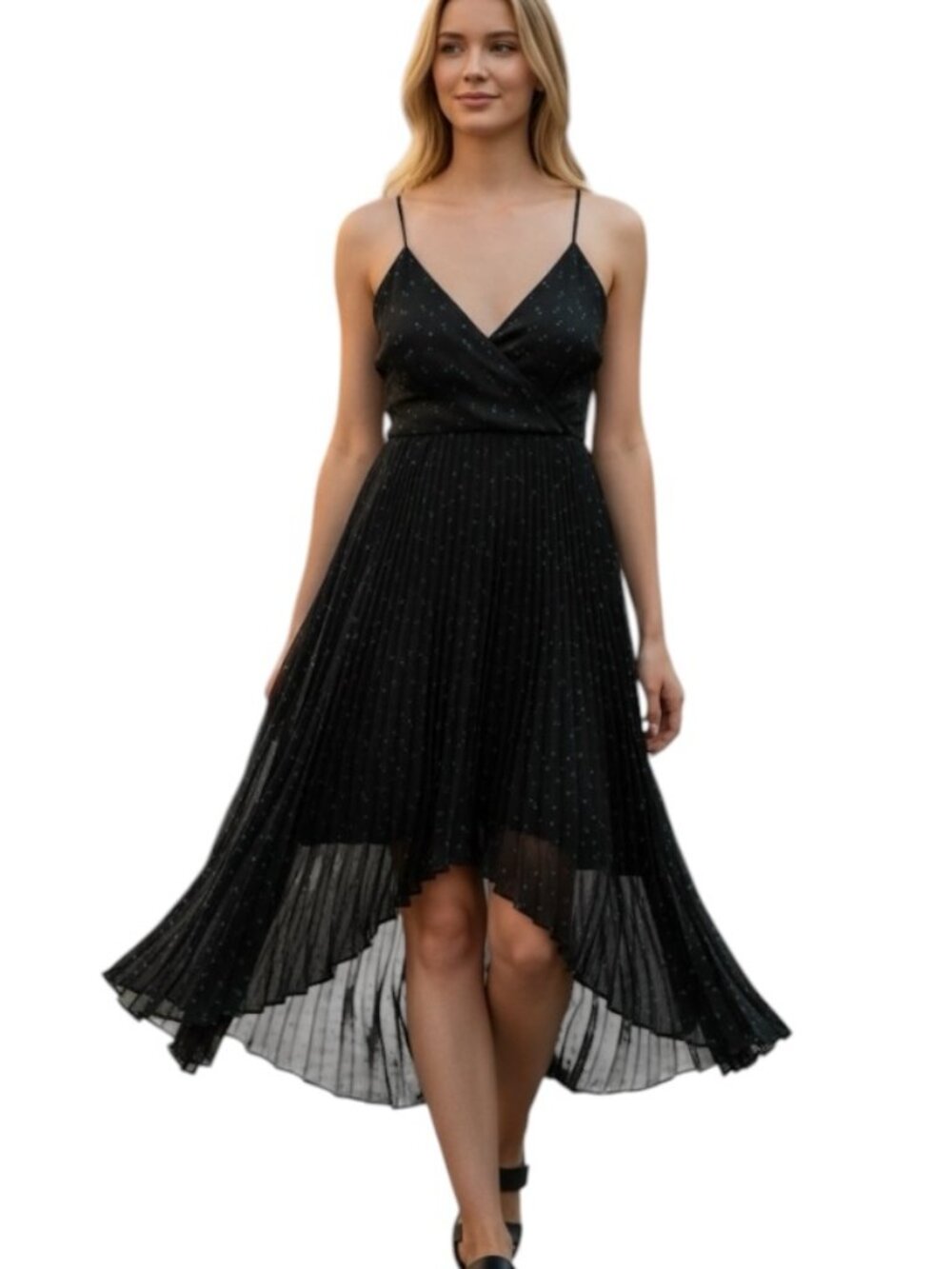 Uniqlo C Black Pleated Midi Dress Womens L Spaghetti Strap Polka Dot Chiffon